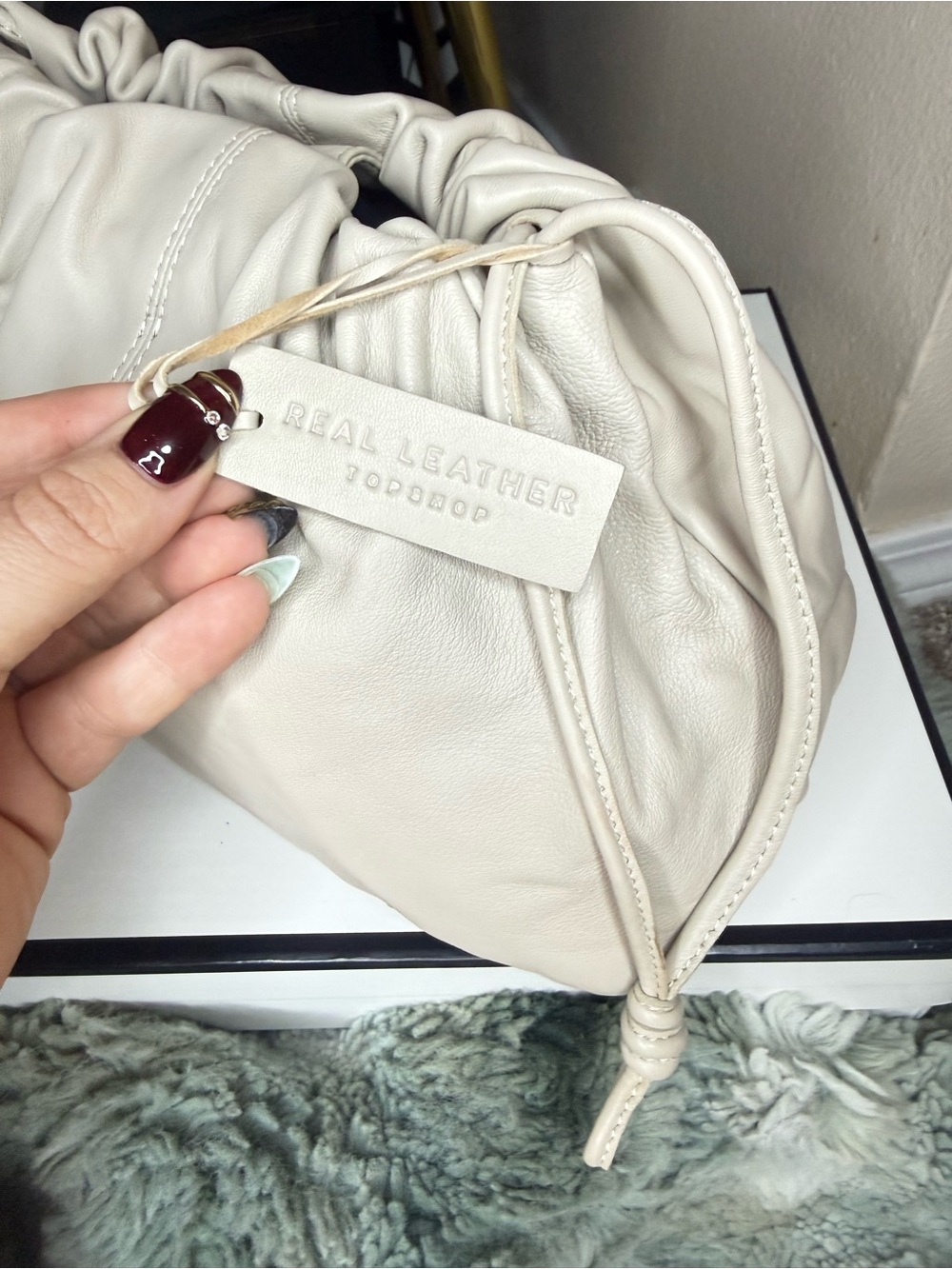 Topshop Cream Real Leather Drawstring Shoulder Bag